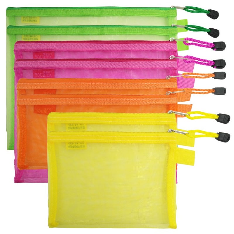 AFUNTA 8 Pcs Zipper Mesh File Bags Folder Document Pockets with Bill B5 A5 A6 Size, AFUNTA 4 Color 4 Size Nylon Pencil Case Cosmetic Storage Office Pouch Holder- Orange, Yellow, Green, Rose Red - Image 1